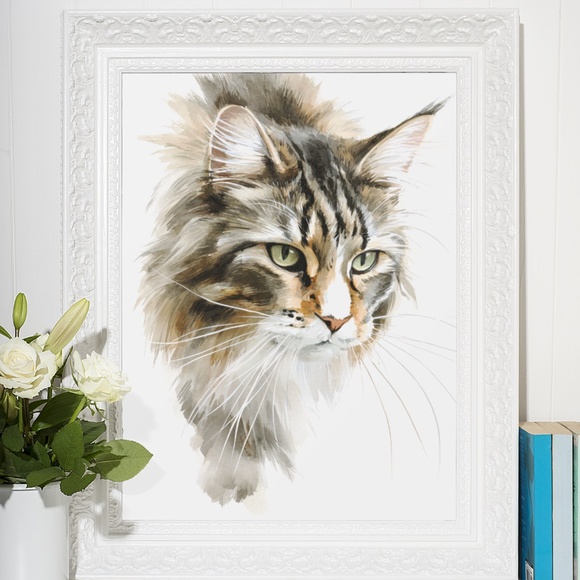 Watercolor Maine Coon Cat Illustration Wall Art Print Unframed - Picture 7 of 7